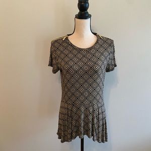 Michael Kors Gold Zipper Shoulder Peplum Top Shirt Black Tan Womens size Medium